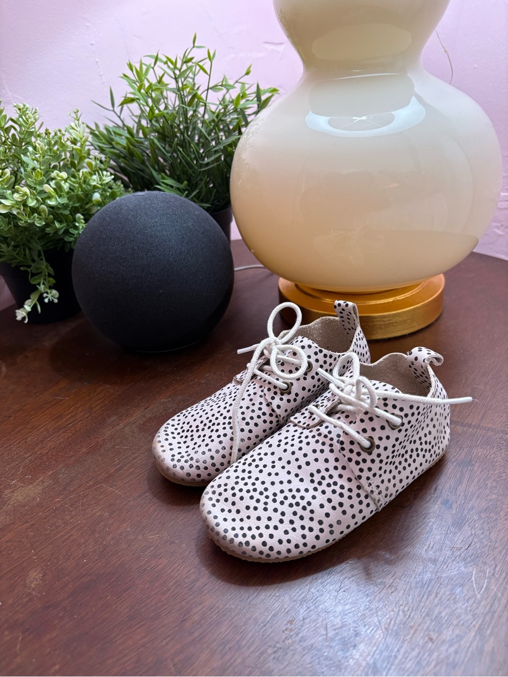 Baby Walker Lace-Up Shoes in White with Black Polka Dots